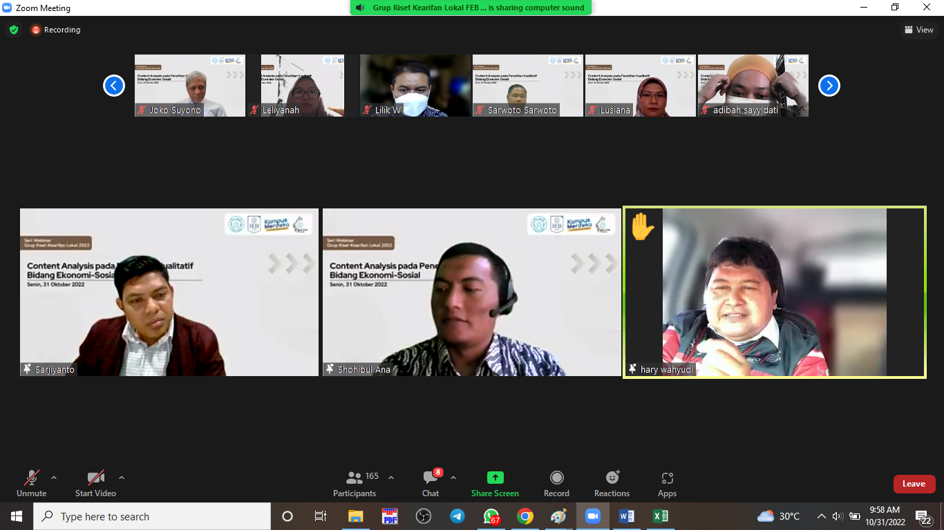 Webinar GR Kearifan Lokal Angkat Tema Content Analysis pada Penelitian Kualitatif Bidang Ekonomi-Sosial